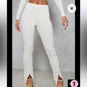 Cream Crinkle Rib Split Hem Detail Leggings